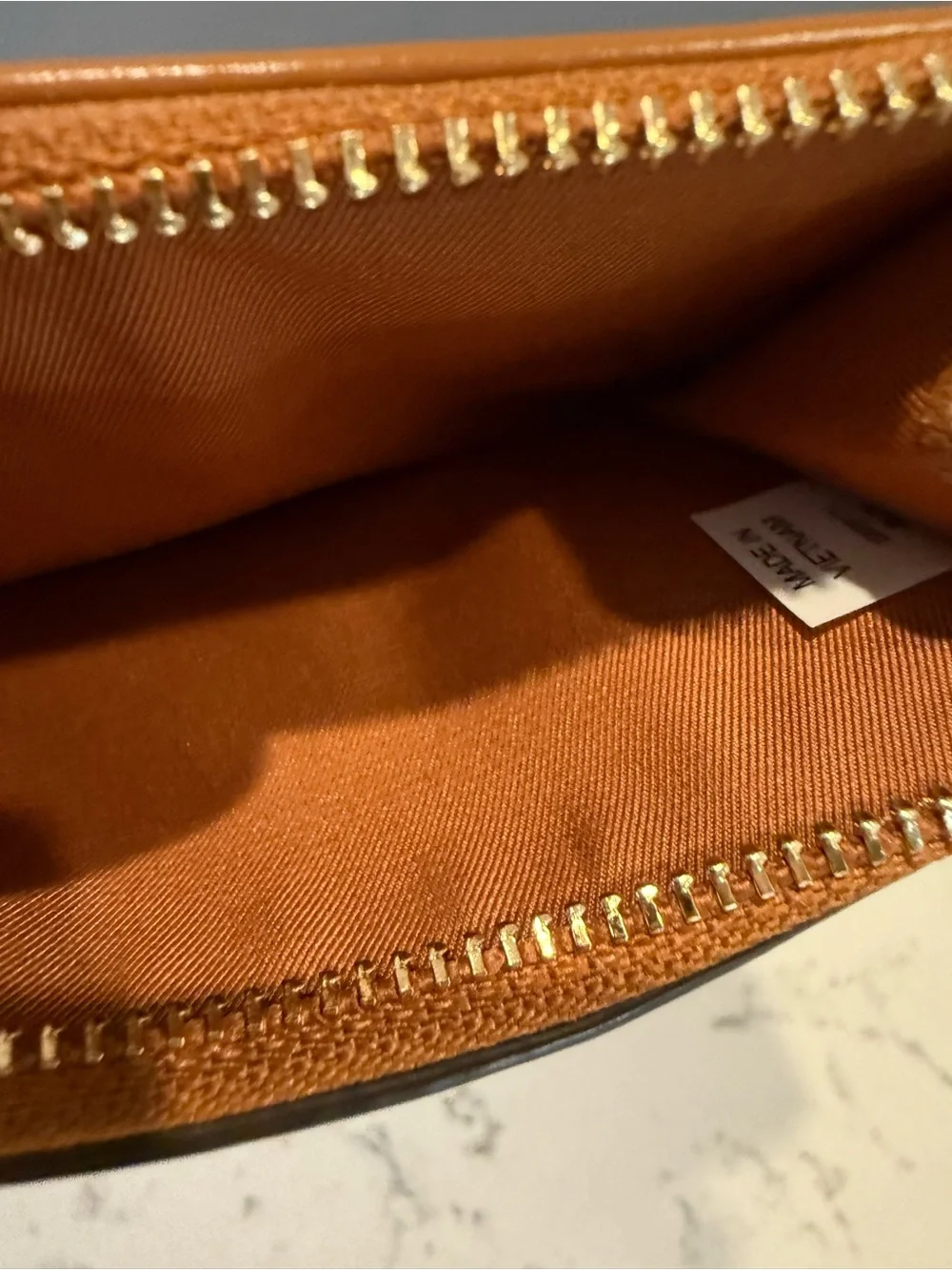 Tory Burch Caramel Quilted Leather Zip Card Holder with Gold Logo